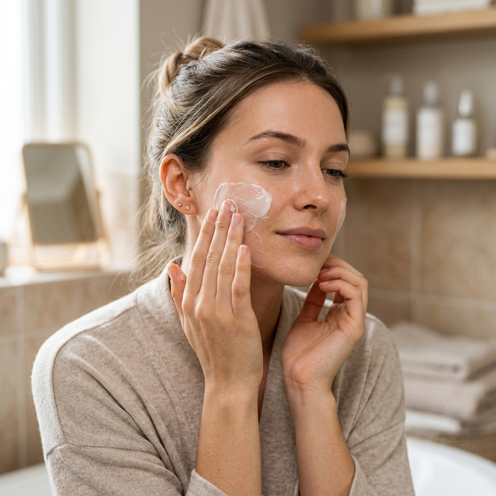 A person applying a hydrating face mask skin care treatment to their face