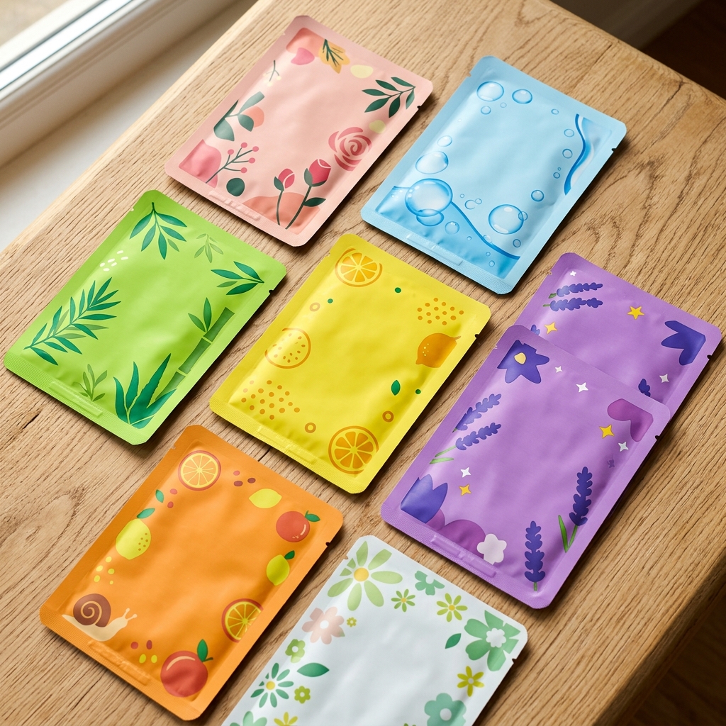 A selection of colorful korean face masks on a wooden background