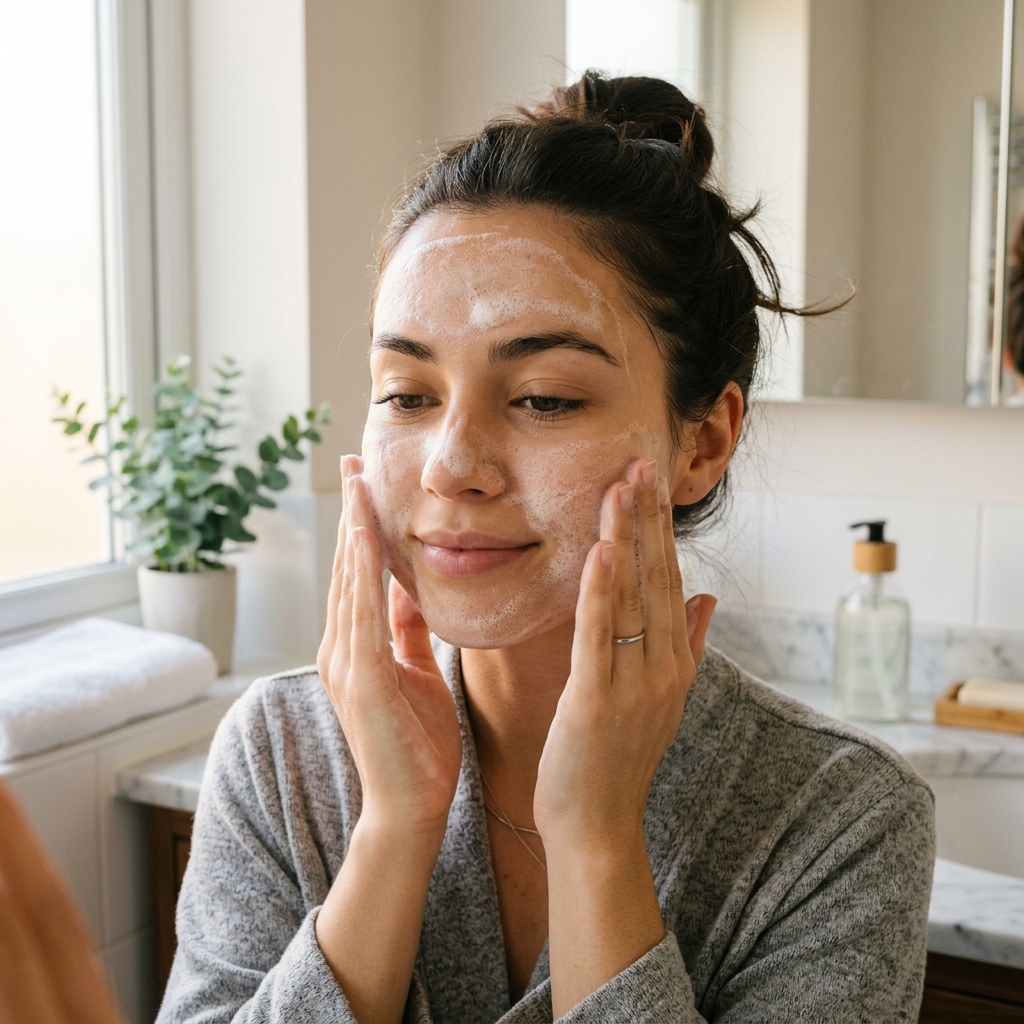 A person washing their face with a gentle face cleanser in a bright bathroom