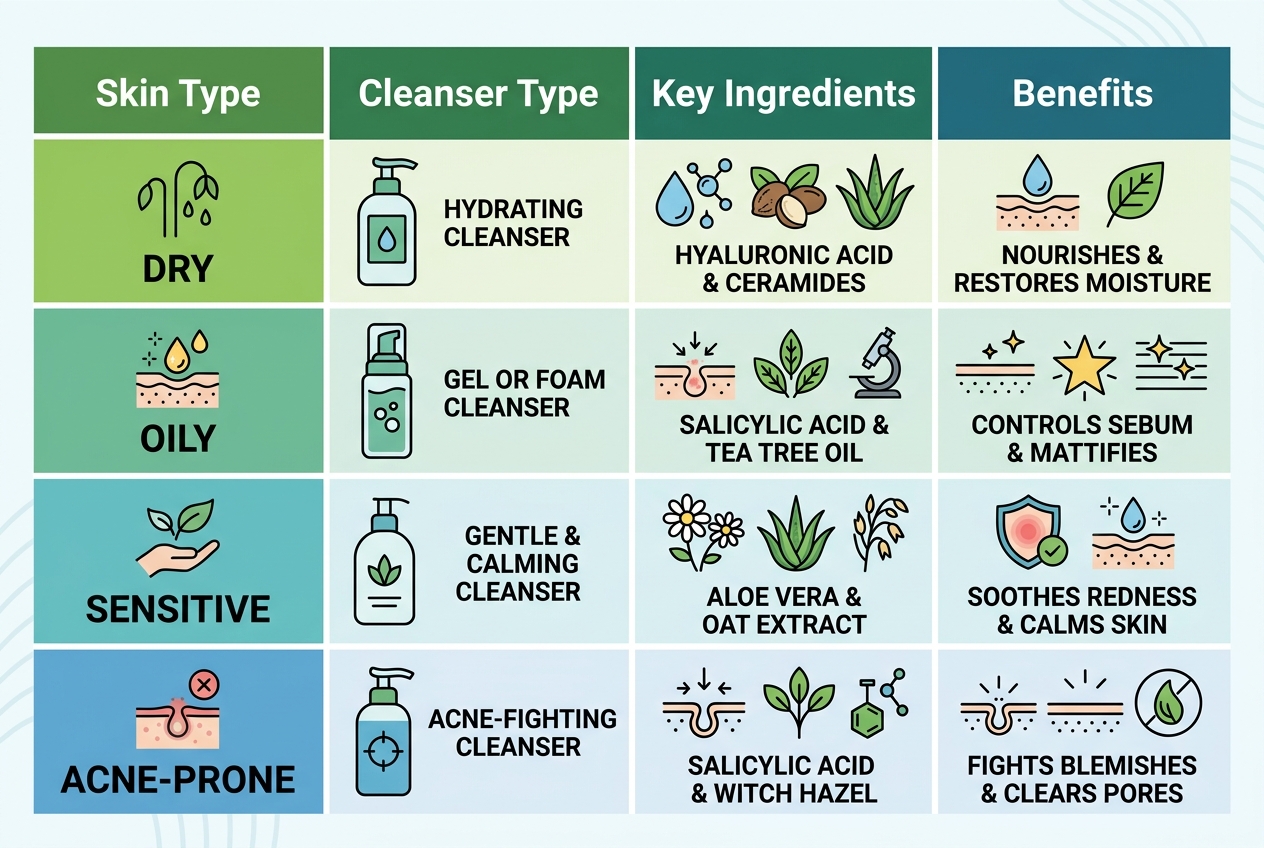 Infographic comparing different types of facial cleansers for various skin types