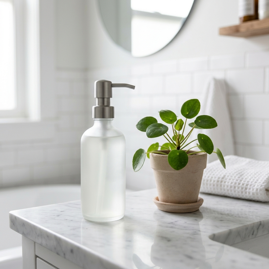 A bottle of mild cleanser for acne on a clean marble countertop