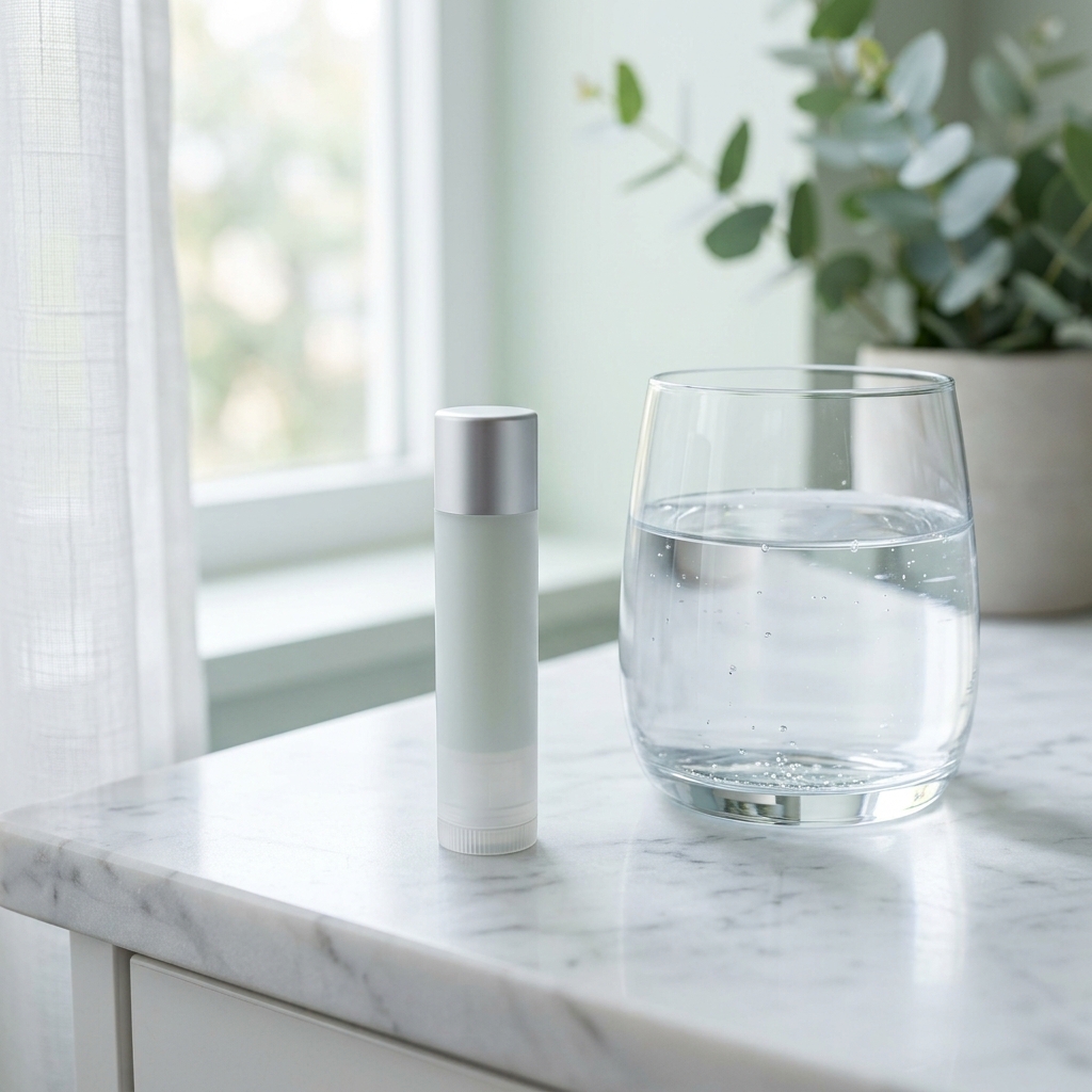 A moisturizing lip balm sitting on a clean vanity table next to a glass of water