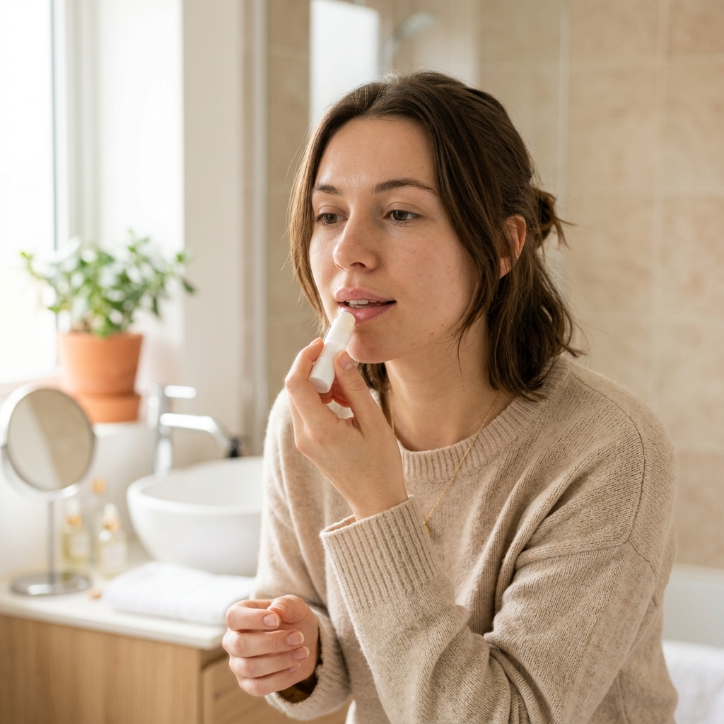 Applying a non irritating lip balm to soothe dry chapped lips