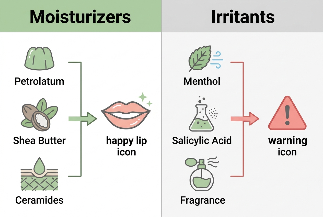 Infographic showing what ingredients moisturize lips and which ones to avoid