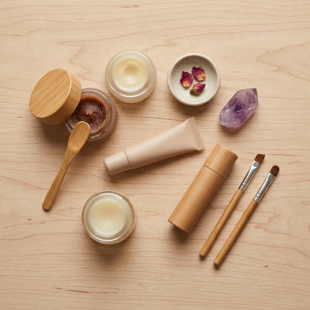 A flat lay of various lip care products including a lip cream and lip balm