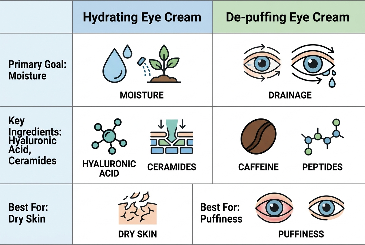 Infographic comparing eye cream for dry skin and products for puffy eyes