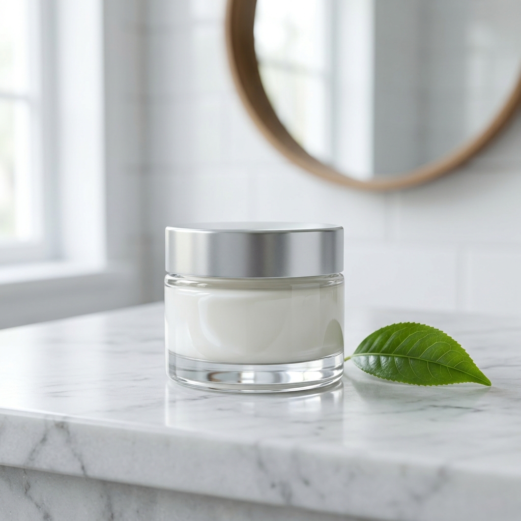 A jar of moisturizing eye cream on a clean vanity