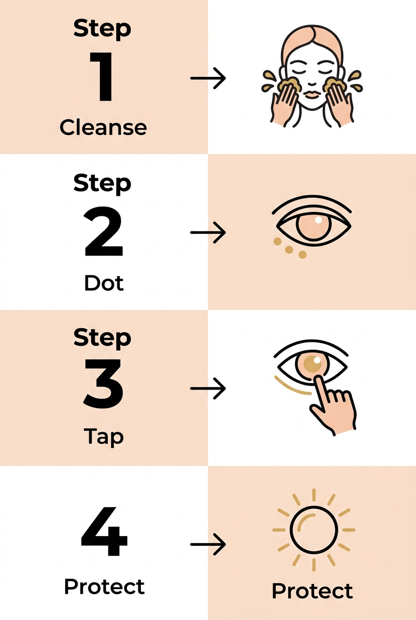 Infographic showing step-by-step application of circle eye cream