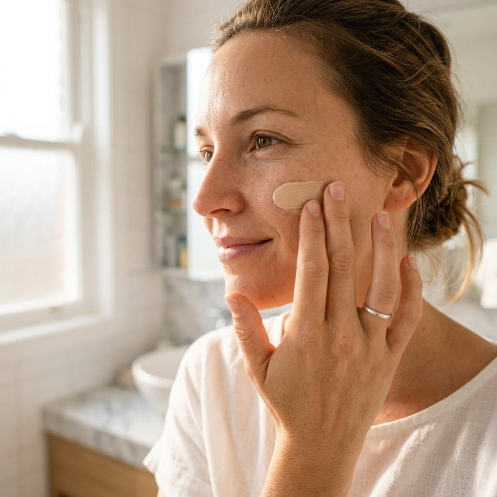 Applying tinted sunscreen for face to achieve a natural glow.