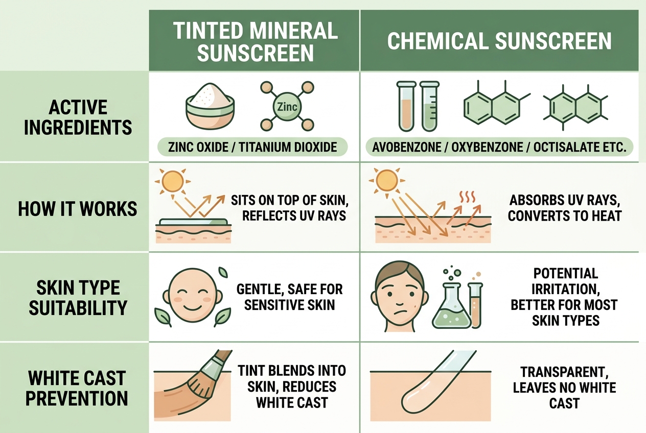 Comparison of tinted mineral sunscreen vs chemical sunscreen.