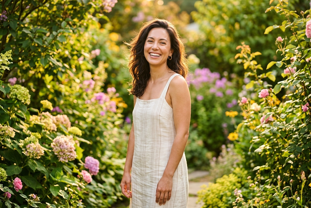 A woman wearing natural tinted sunscreen smiling in the sun.