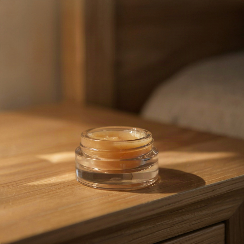 Open jar of overnight lip mask on a dim bedroom nightstand in warm lamplight