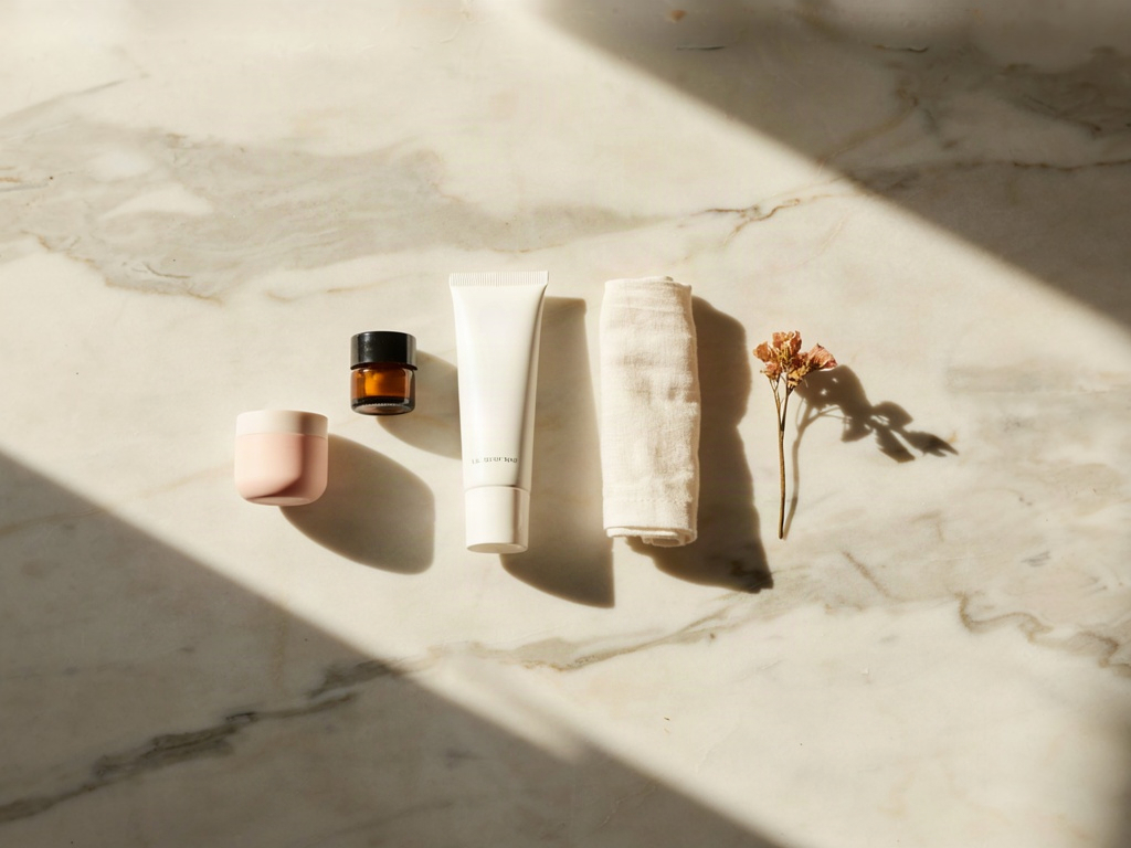 Flat lay of unbranded lip care jars and tubes for a lip mask for dry lips routine