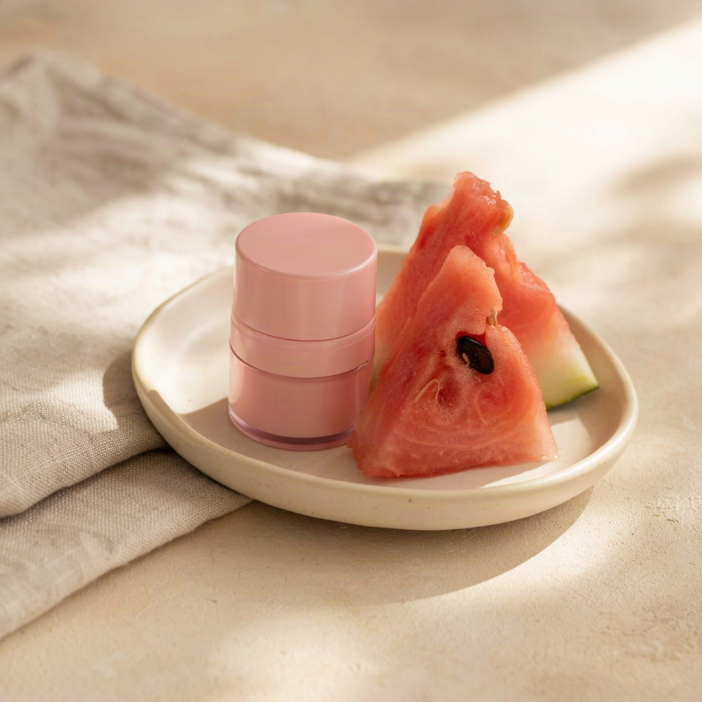 Watermelon lip mask jar beside fresh watermelon slices on a pale ceramic dish