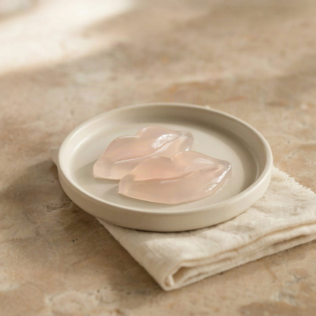 Two translucent hydrogel lip patches from a korean lip mask on a small ceramic tray