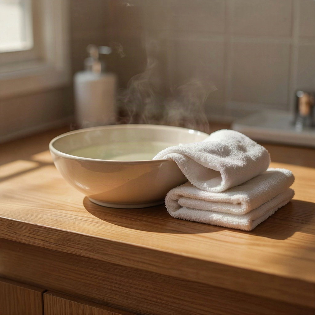 Warm compress cloth and bowl of steaming water set out for a dry eye therapy lid-warming routine