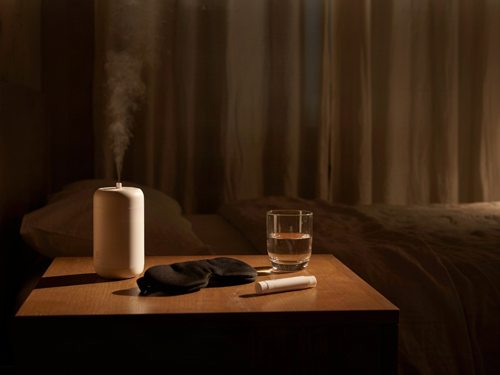 Bedroom nightstand set up for dry eyes at night treatment with a humidifier misting and sleep eyewear