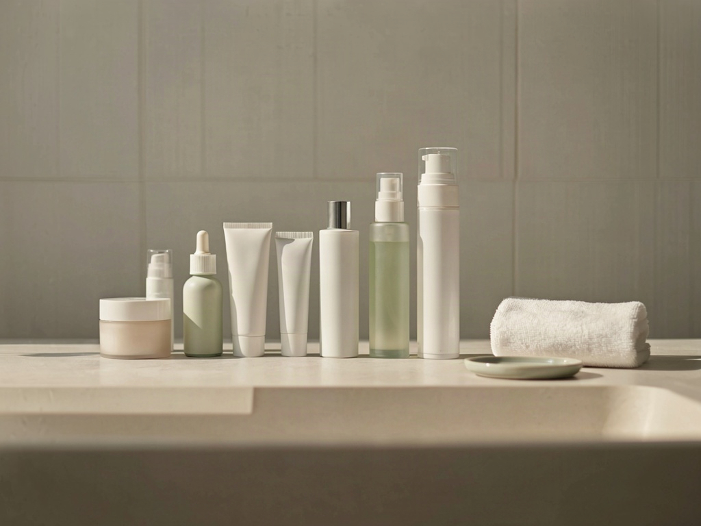 Skin toner benefits in context: a tidy bathroom shelf of plain skincare bottles in morning light