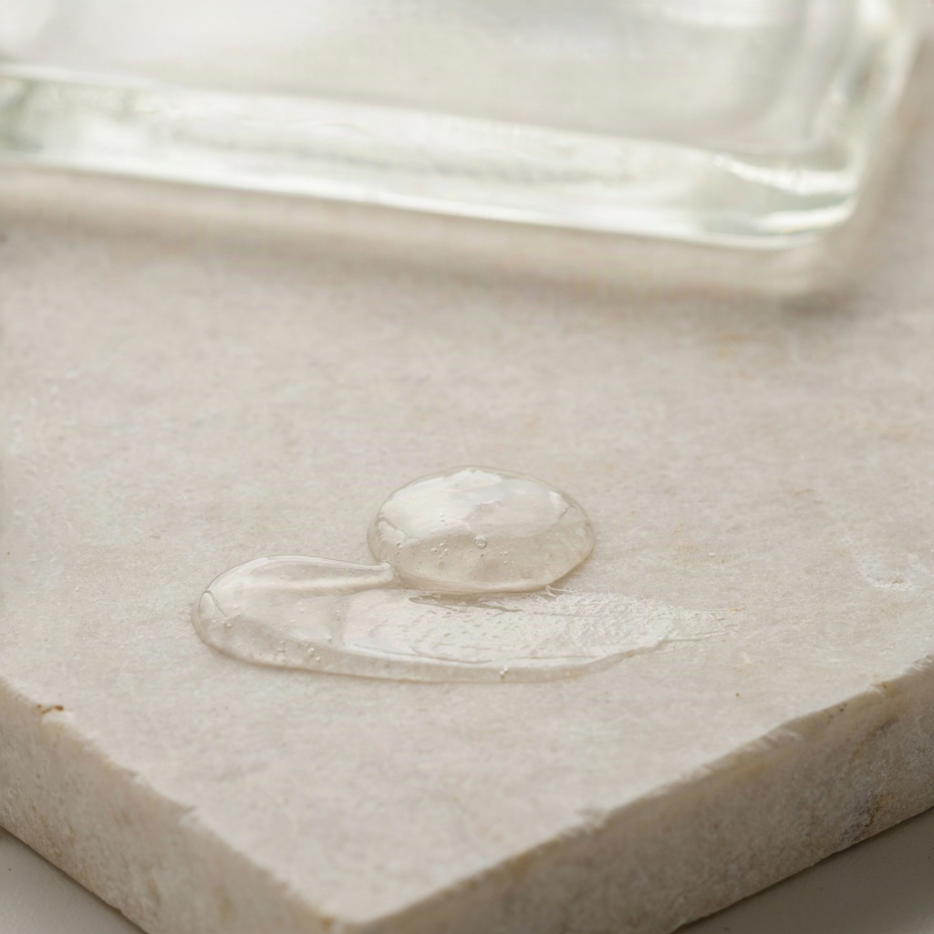 Clear oil free gel moisturizer swatch pressed flat on a pale stone counter