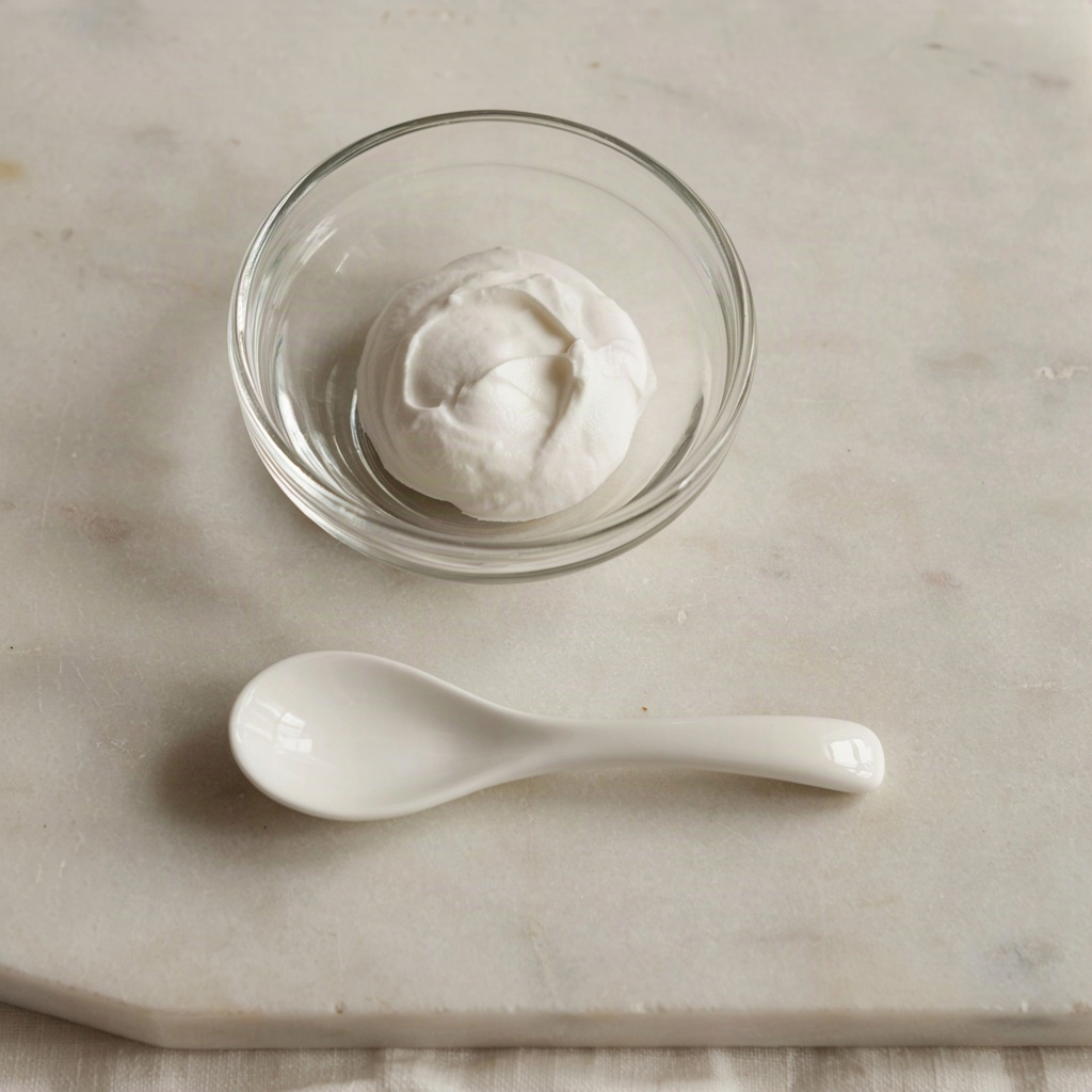 Quarter-teaspoon dose of oil free moisturizer with sunscreen measured in a glass dish