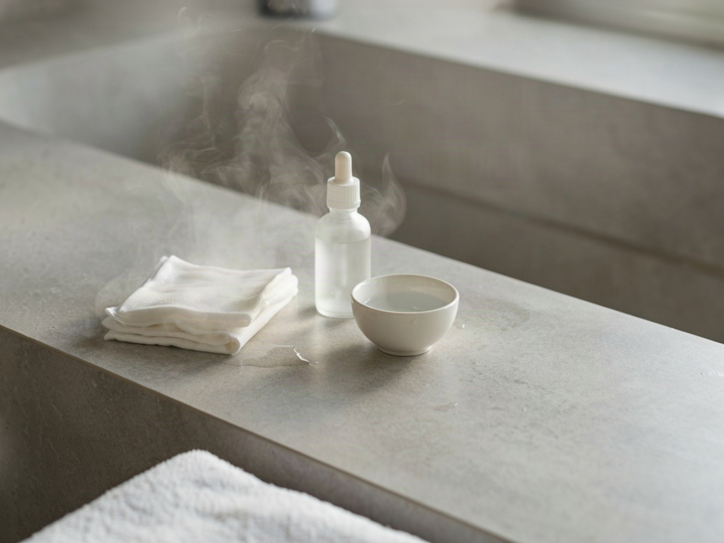 Warm compress cloth and a plain unlabelled dropper bottle on a bathroom counter for common eye problems like dry eye