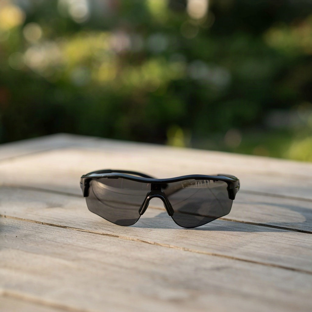 Sunglasses resting on a sunlit wooden surface, the simplest daily guard against eye diseases that cause loss of vision