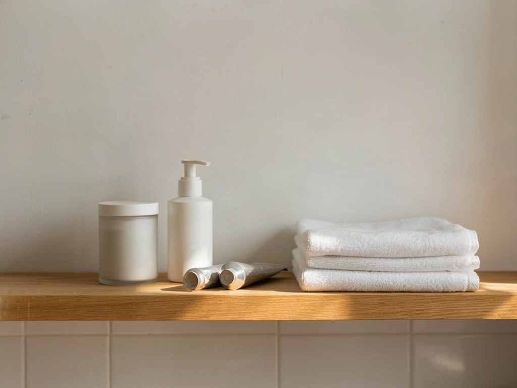 Sunlit bathroom shelf with unbranded skincare containers for a morning and night routine