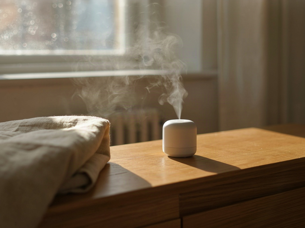 Humidifier misting beside a frosted window, the indoor air fix for winter dry skin