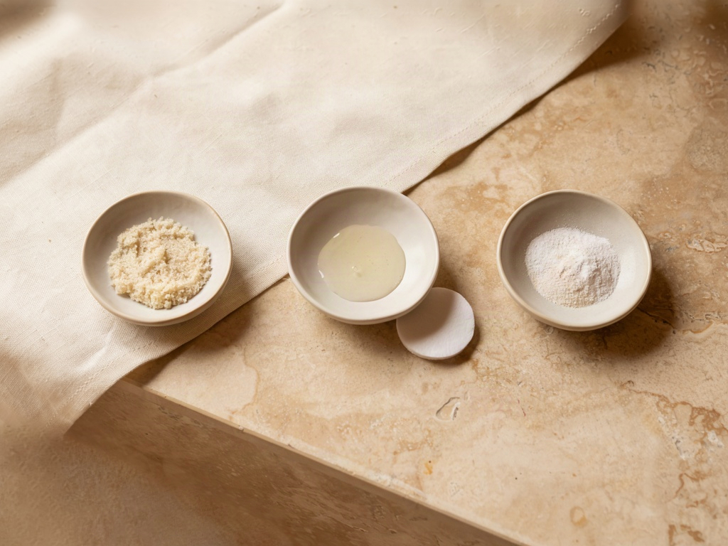 Three exfoliant textures in ceramic dishes answering what is an exfoliant in physical and chemical form
