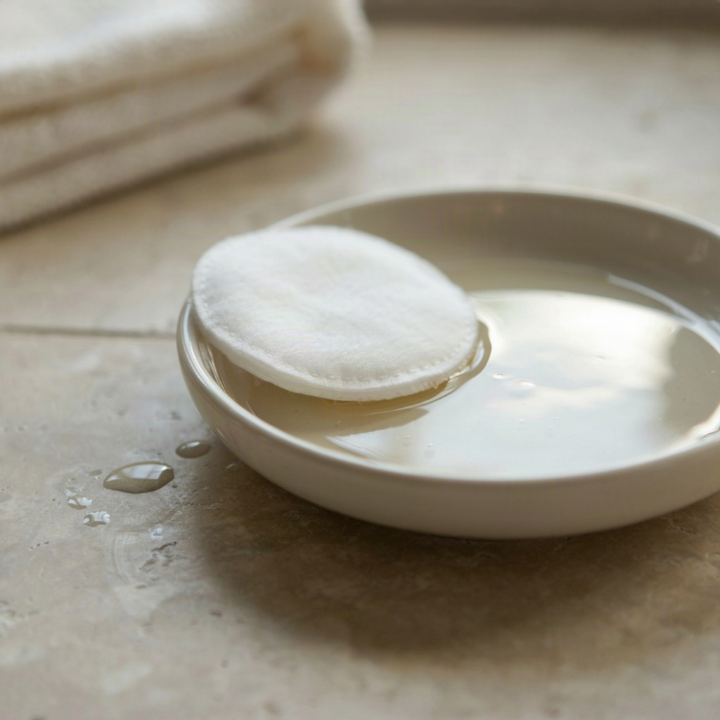 Cotton pad and clear chemical exfoliant in a shallow dish on a stone counter, the tidy way to exfoliate skin