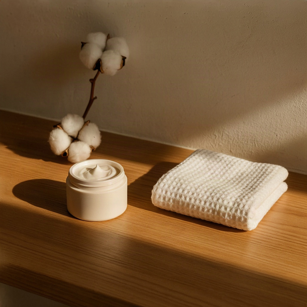 Ceramic jar of rich cream and a folded towel, the aftercare behind the best exfoliator for dry skin