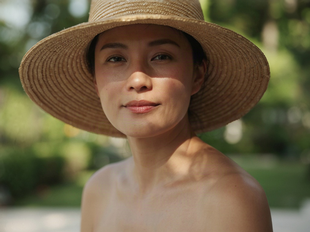 Woman resting in dappled shade under a wide-brimmed hat using sun protection for sensitive skin