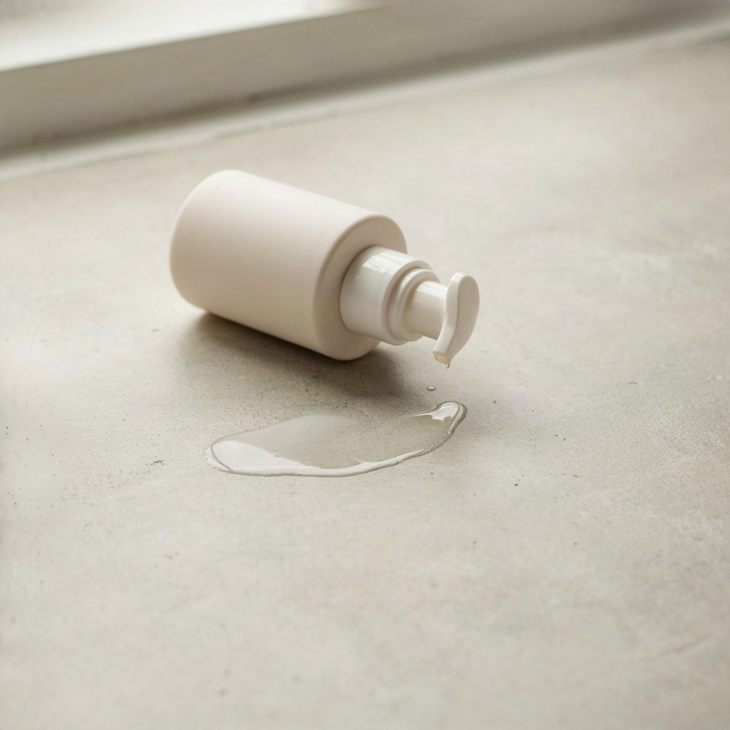 Sheer chemical sunscreen film drying on a stone surface beside an unbranded white bottle