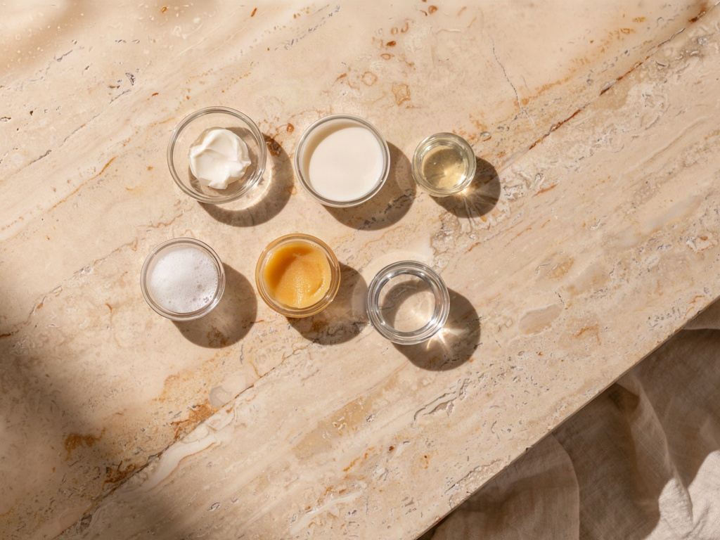 Six gentle cleanser textures in small glass dishes on a warm stone counter