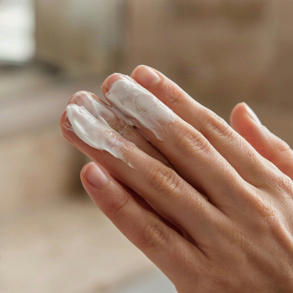 Close-up of a thick cream skin cleanser for dry skin spread across two fingertips