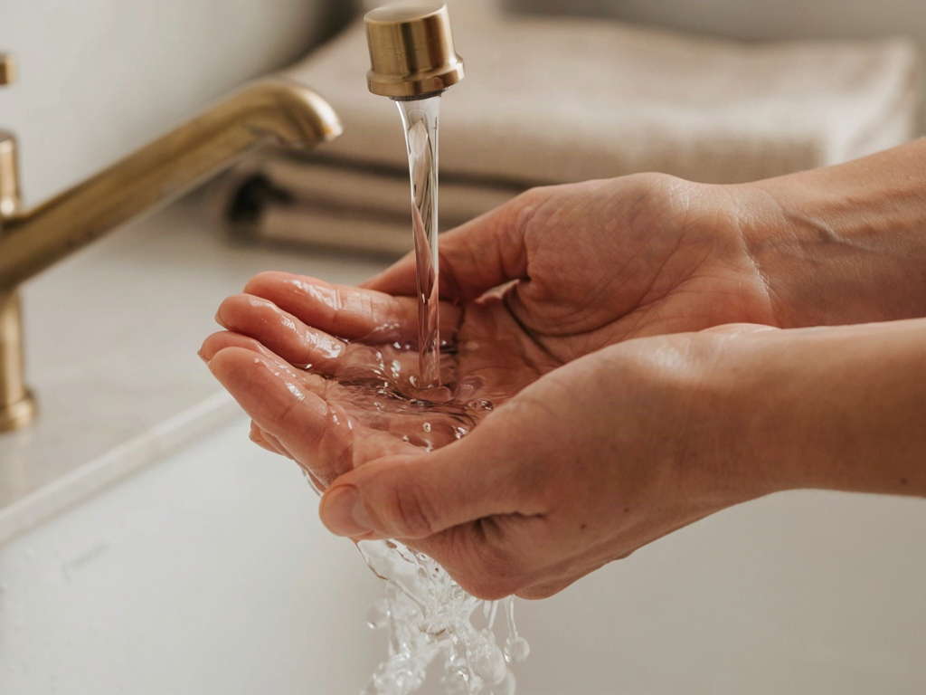 Cupped hands catching lukewarm water at a basin, the rinse temperature a face wash for dry face needs