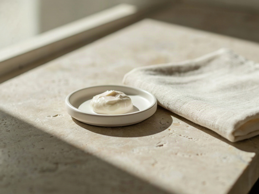 Daily spf for face setup on a sunlit bathroom counter with a dish of cream and a linen cloth