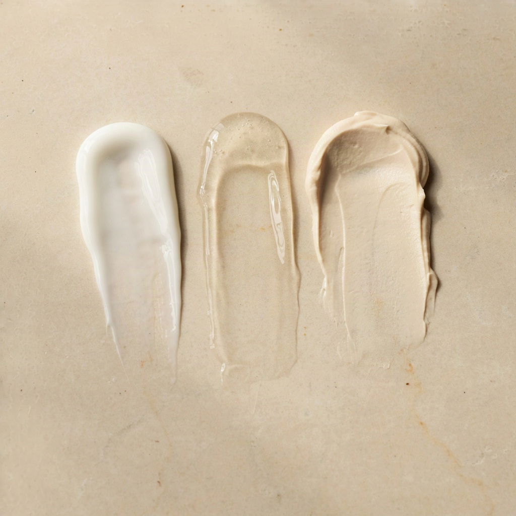 Three sunscreen textures swatched to show what a non greasy face sunscreen finish looks like