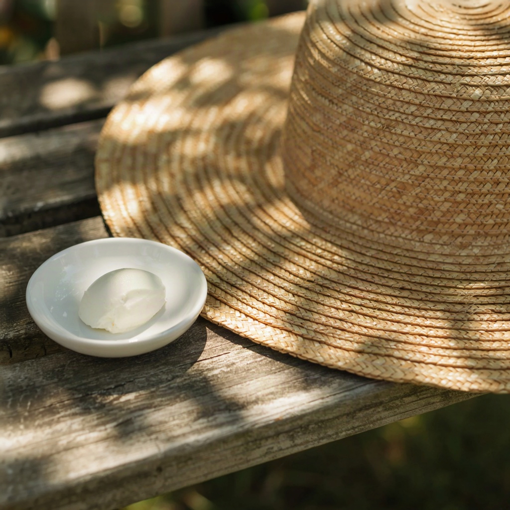 Straw sun hat and a dish of fragrance-free facial sunscreen for sensitive skin in dappled shade