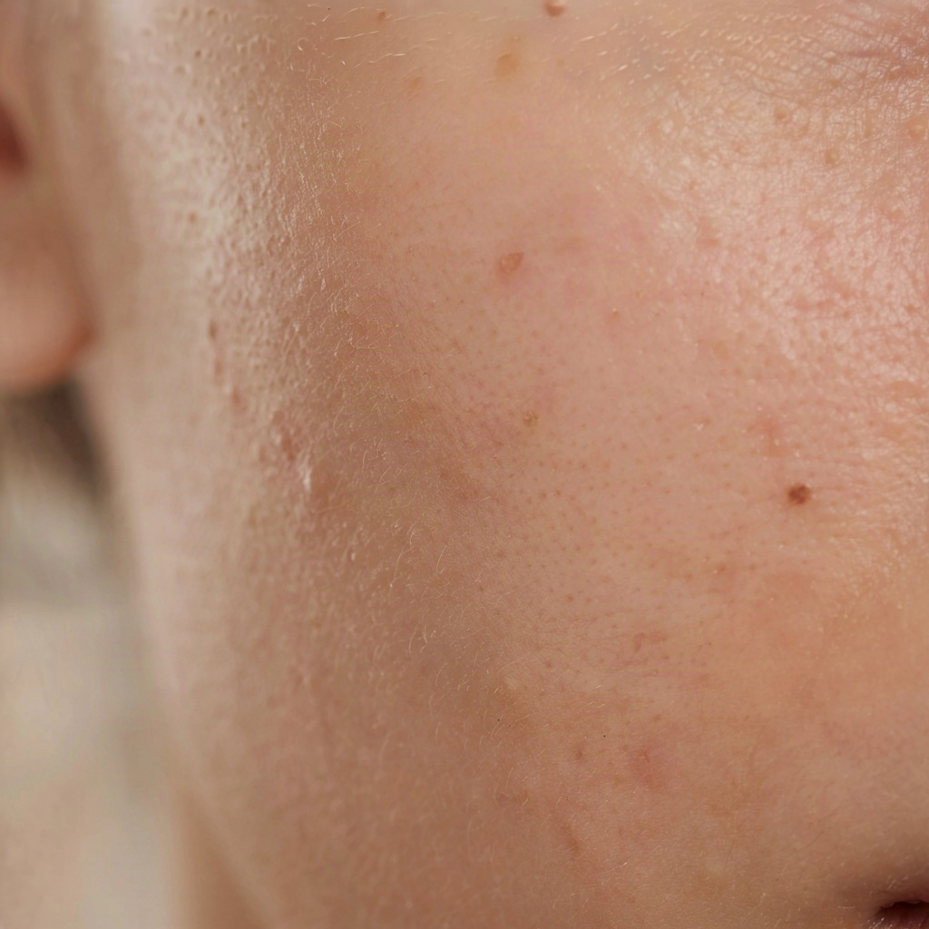 Close-up of calm cheek skin staying hydrated during acne treatment with a gentle moisturizer