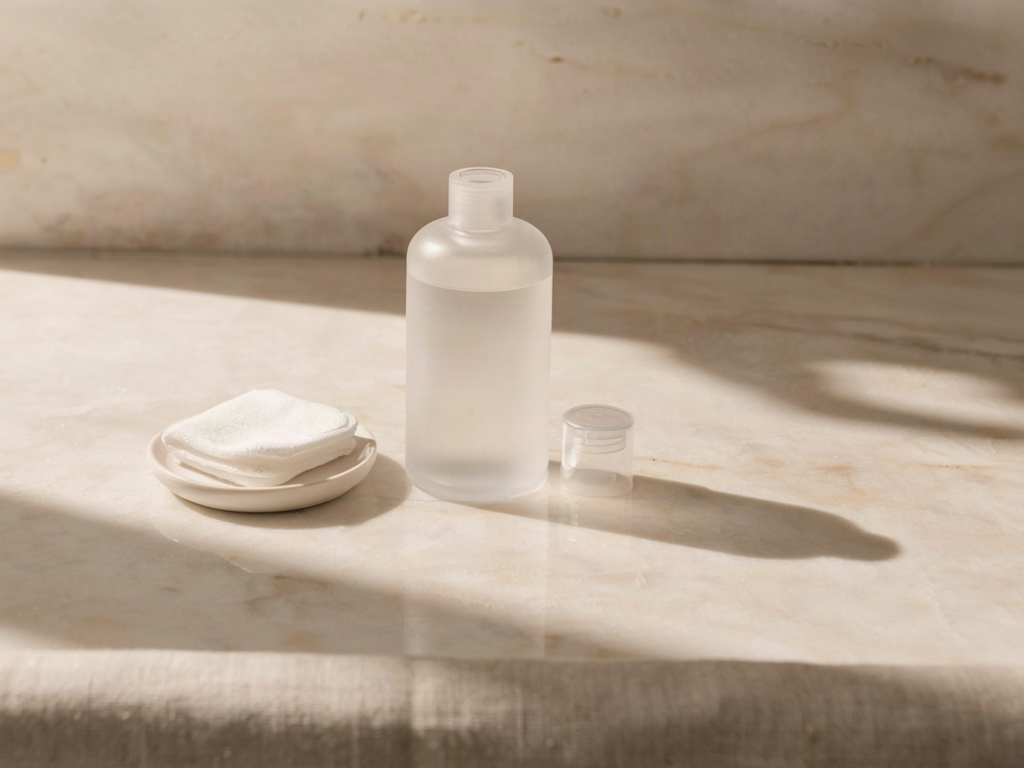 Facial toner bottle beside a cotton round on a marble counter, showing where a toner for face fits after cleansing