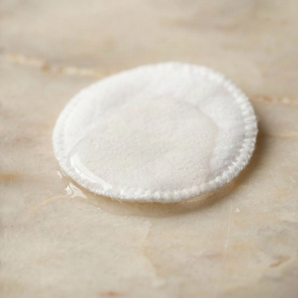 Macro shot of a cotton round saturated with clear facial toner resting on pale stone