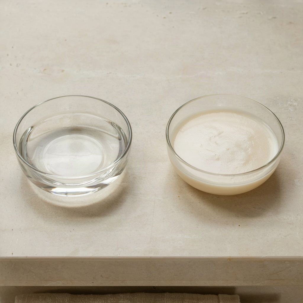 Watery and milky face toner textures compared in two clear glass dishes