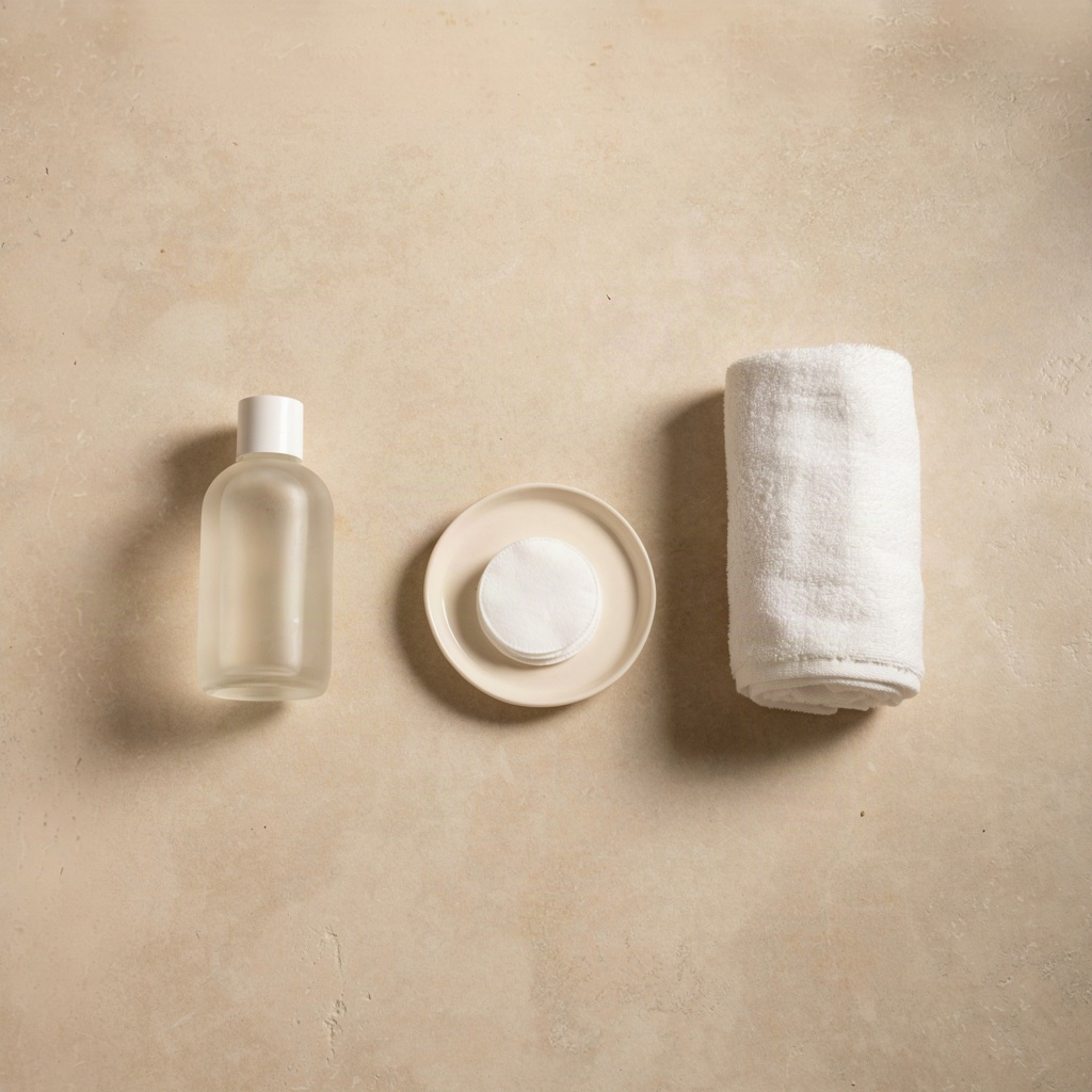 Face toner bottle, cotton pads and towel laid out for a toning for oily skin routine
