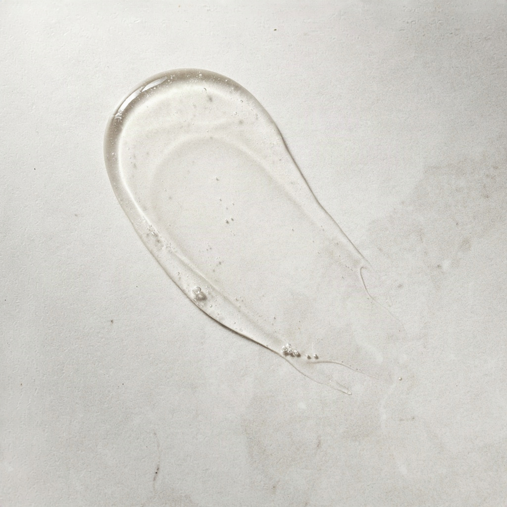Thin watery texture of a hyaluronic acid facial serum spread across a pale ceramic tile