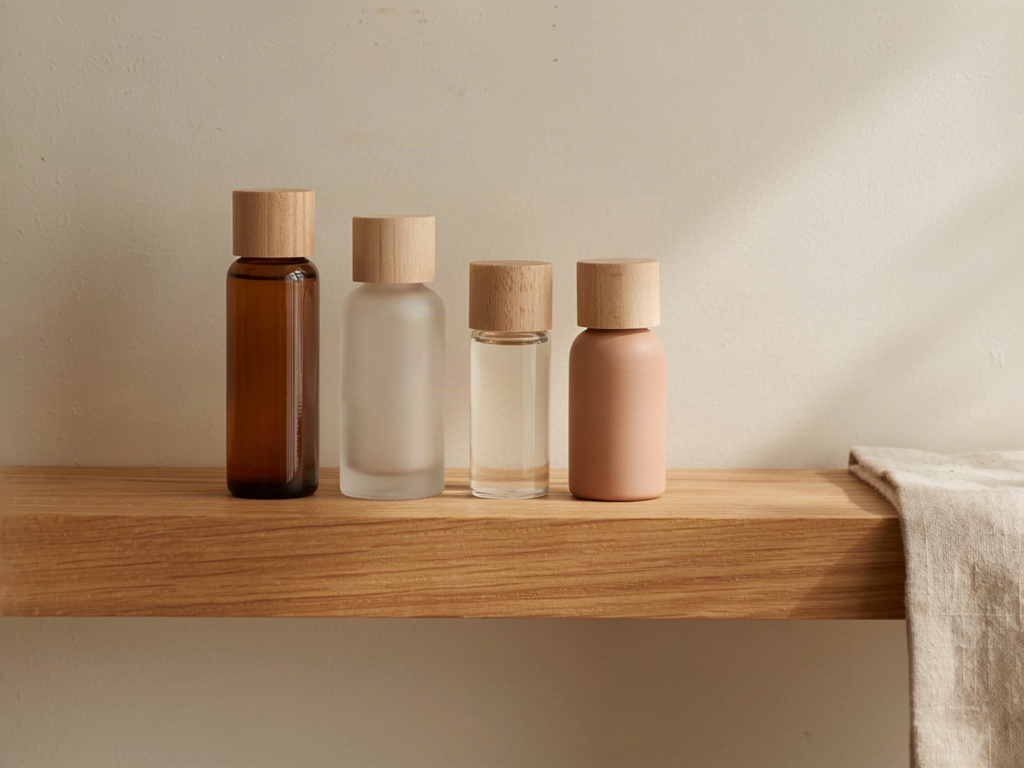 Row of unbranded serum bottles on a shelf illustrating hyaluronic acid skin care products