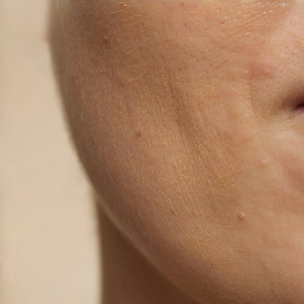 Macro close-up of dehydrated cheek texture that a hyaluronic acid serum for dry skin targets