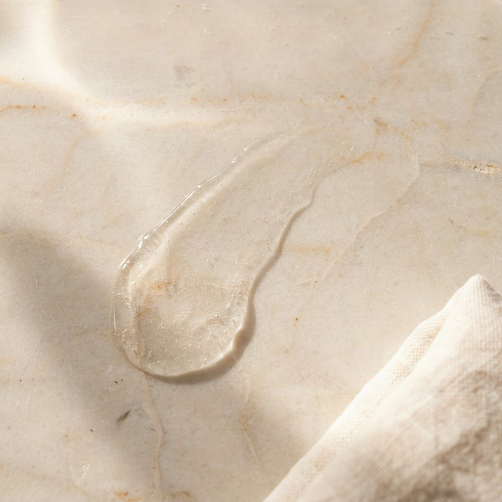 Clear gel salicylic acid cleanser texture swatch spread on a pale stone surface