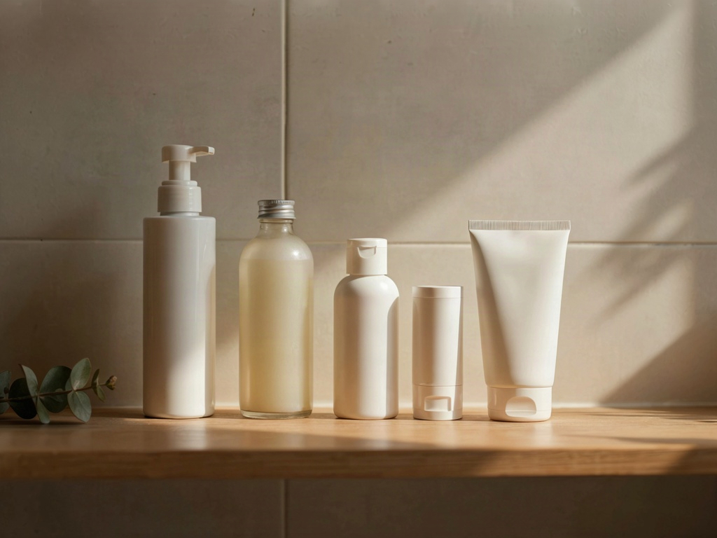 Unbranded face wash bottles on a bathroom shelf lit by soft morning light