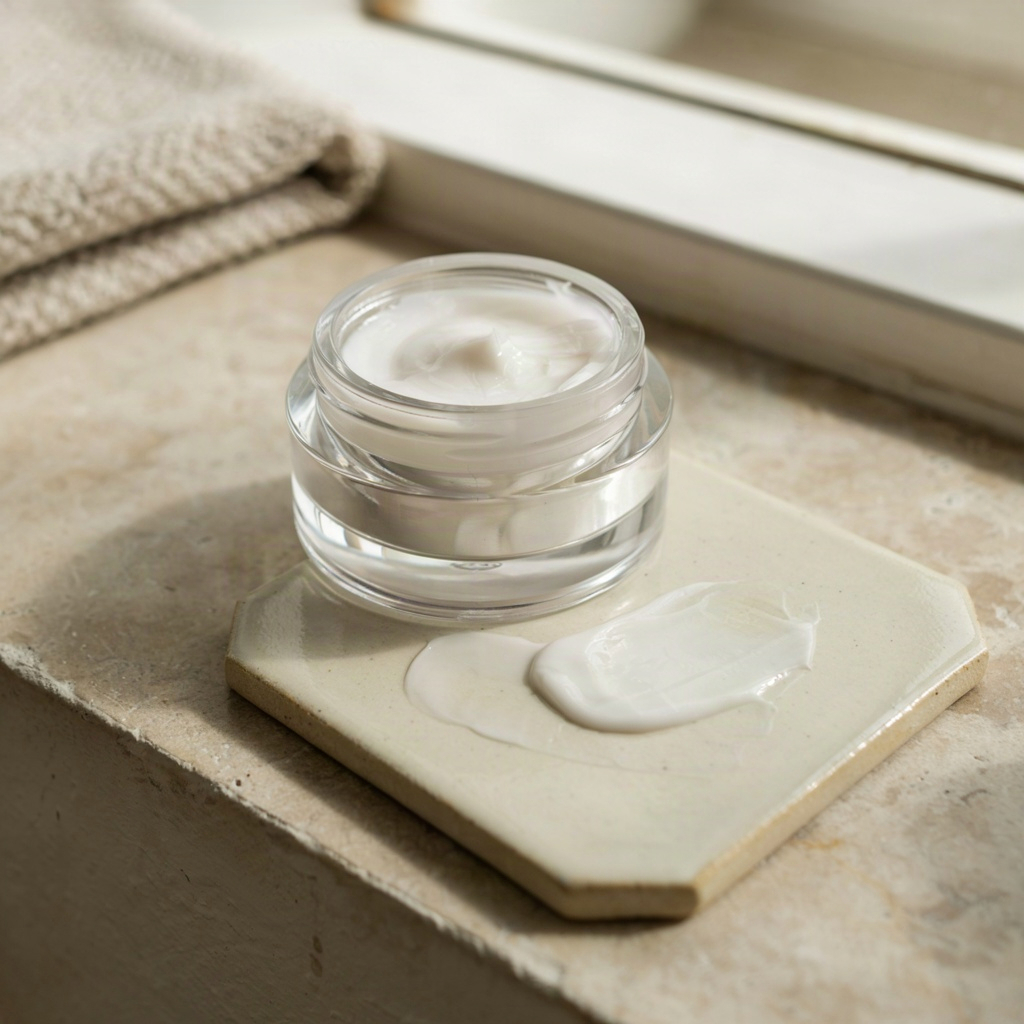 Gentle fragrance free moisturizer in an unlabeled jar on a calm bathroom shelf